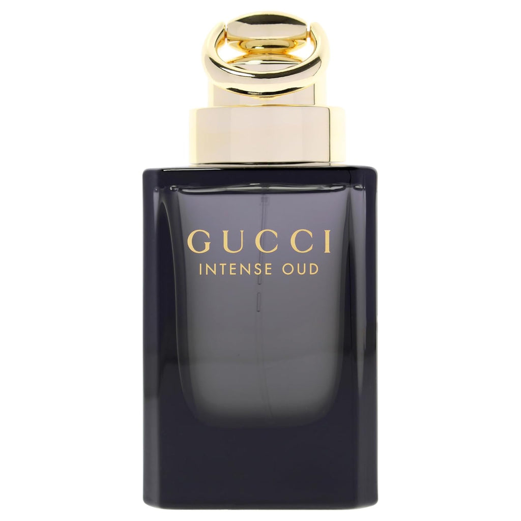 Hub Wavy Gucci Intense Oud unisex perfume bottle, 3 oz / 90 ml, luxury fragrance with elegant packaging and dark amber liquid