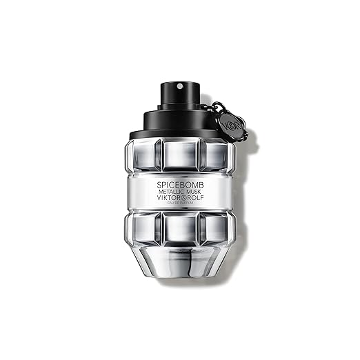 Viktor & Rolf Spicebomb Metallic Musk unisex perfume bottle, 3 oz / 90 ml, with sleek metallic design and clear glass packaging.