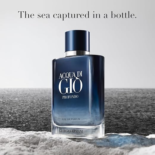Giorgio Armani Acqua di Giò Profondo men's perfume bottle, 3.4 oz, with sleek design and blue accents, on a white background.