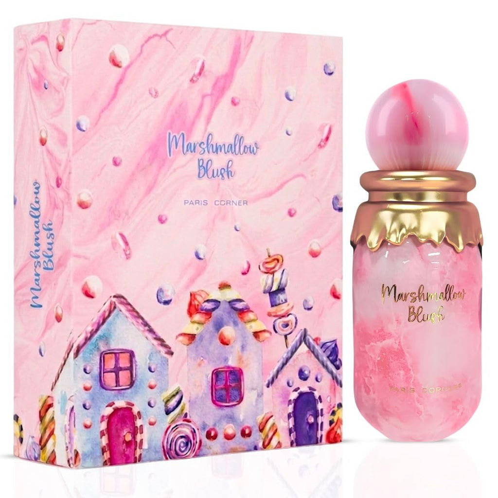 Paris Corner Marshmallow Blush perfume by Hub Wavy, featuring a long-lasting strawberry gourmand scent in a 3.4 fl oz bottle.