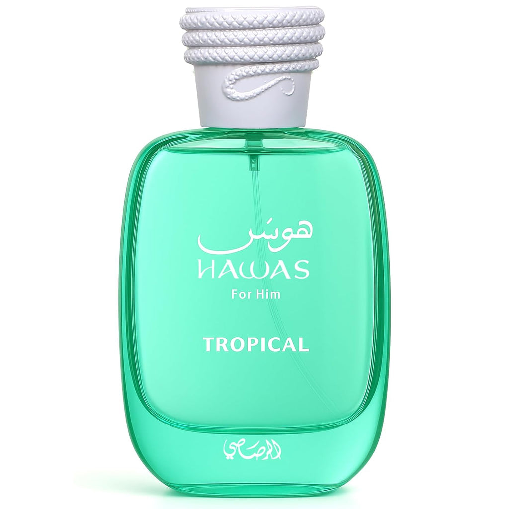 Hub Wavy Rasasi Hawas Tropical perfume for men in 3.4 oz bottle, showcasing the sleek fragrance bottle design.