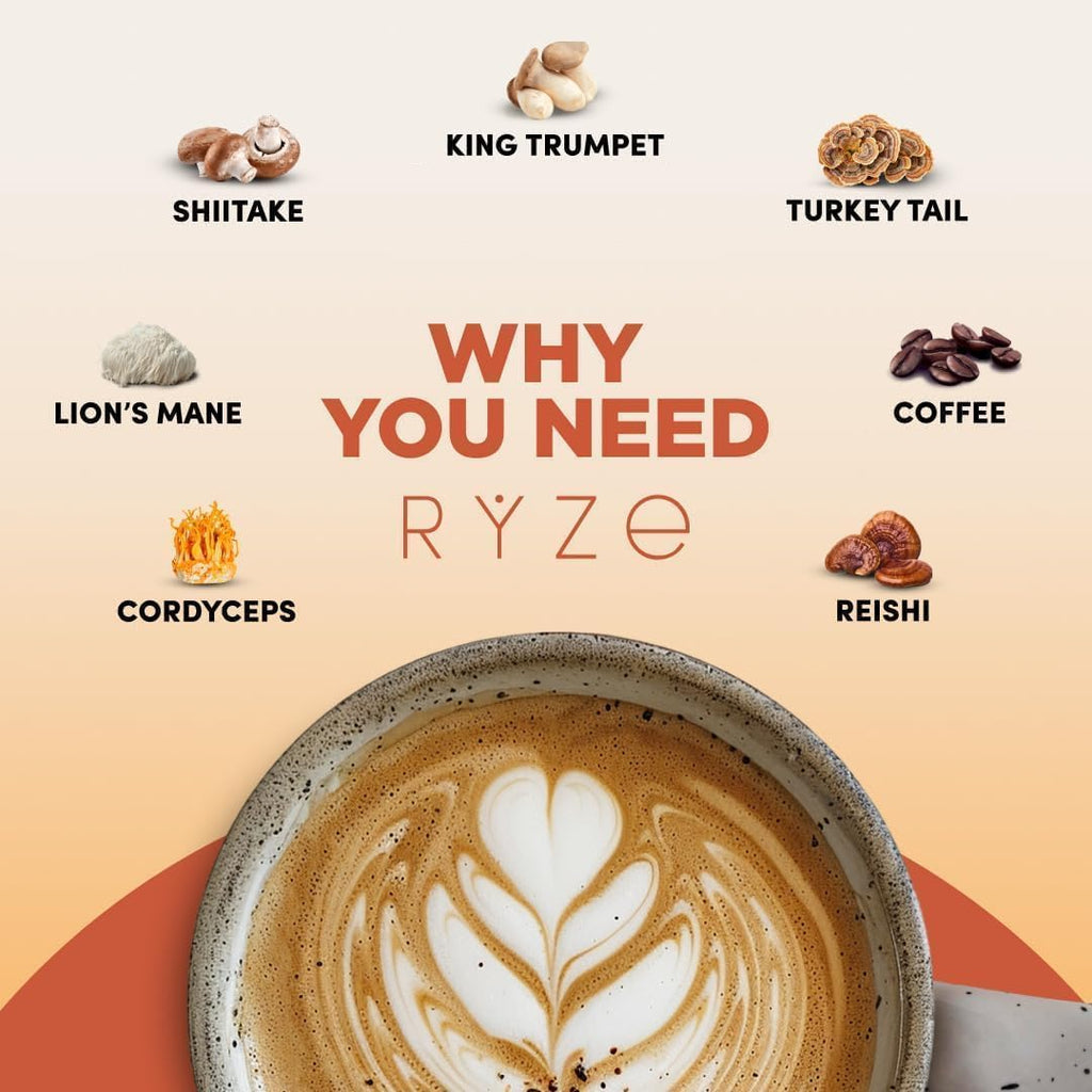 RYZE Organic Mushroom Coffee, Medium Roast, Adaptogenic Blend, 30 Servings
