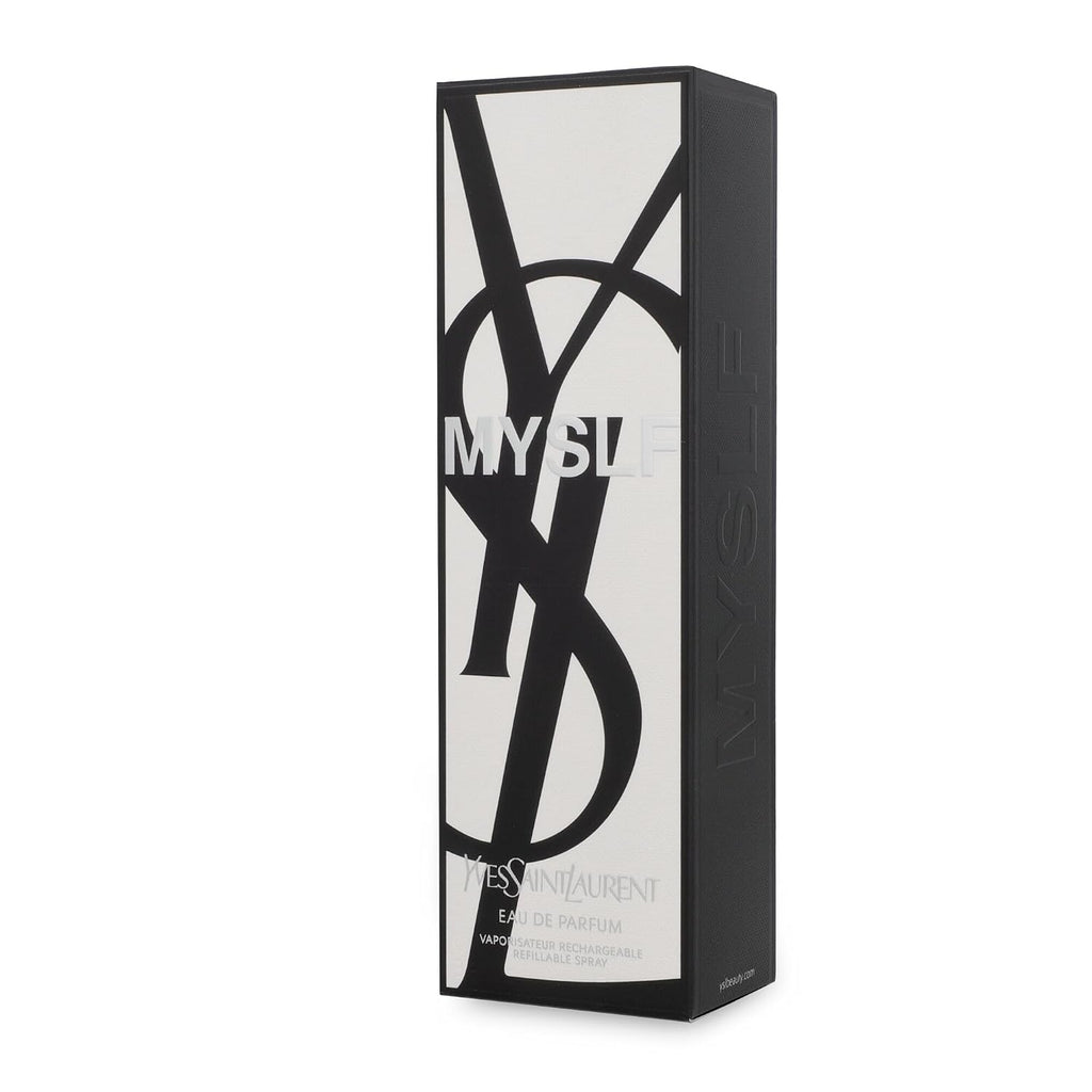 Yves Saint Laurent MYSLF Men perfume bottle with sleek black design and silver accents, 3.4 oz, on a white background