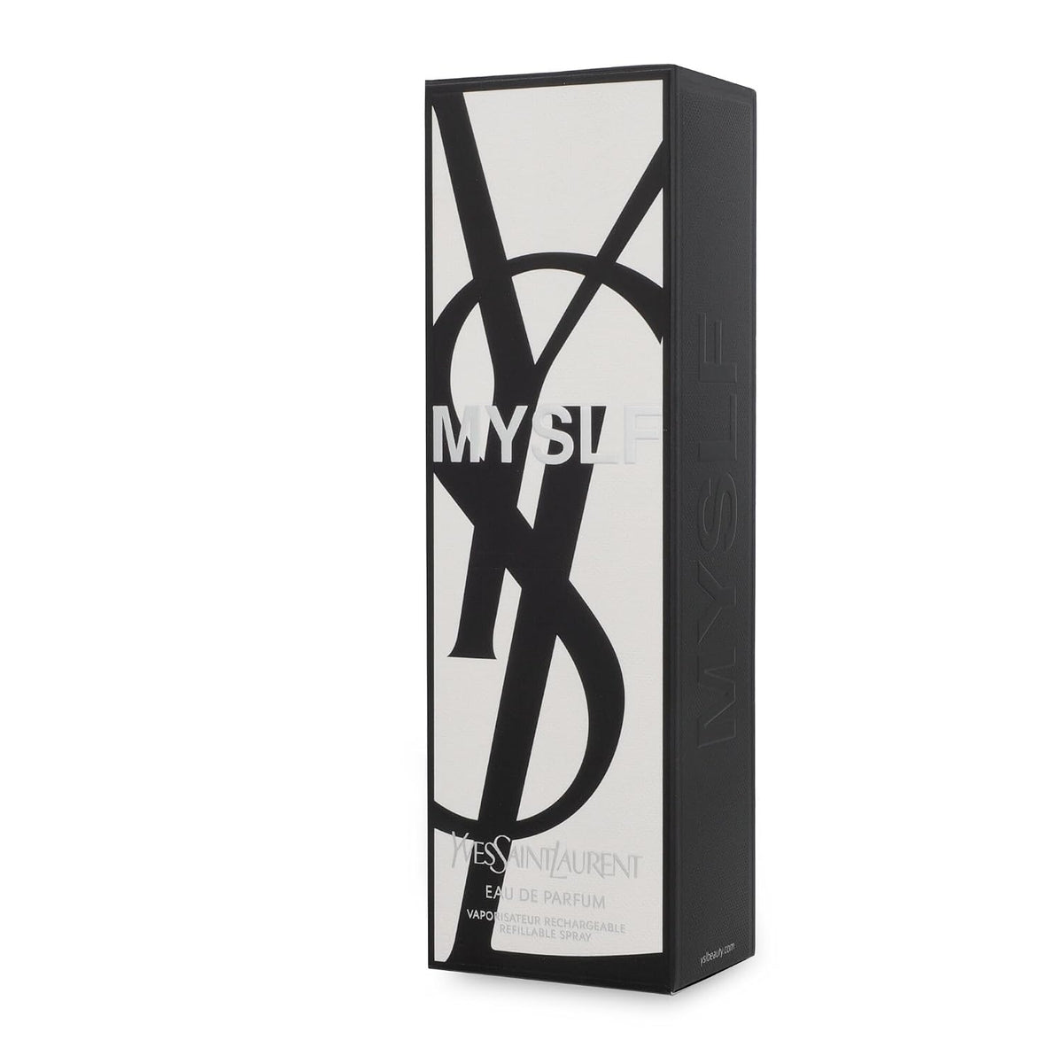 Yves Saint Laurent MYSLF Men perfume bottle with sleek black design and silver accents, 3.4 oz, on a white background
