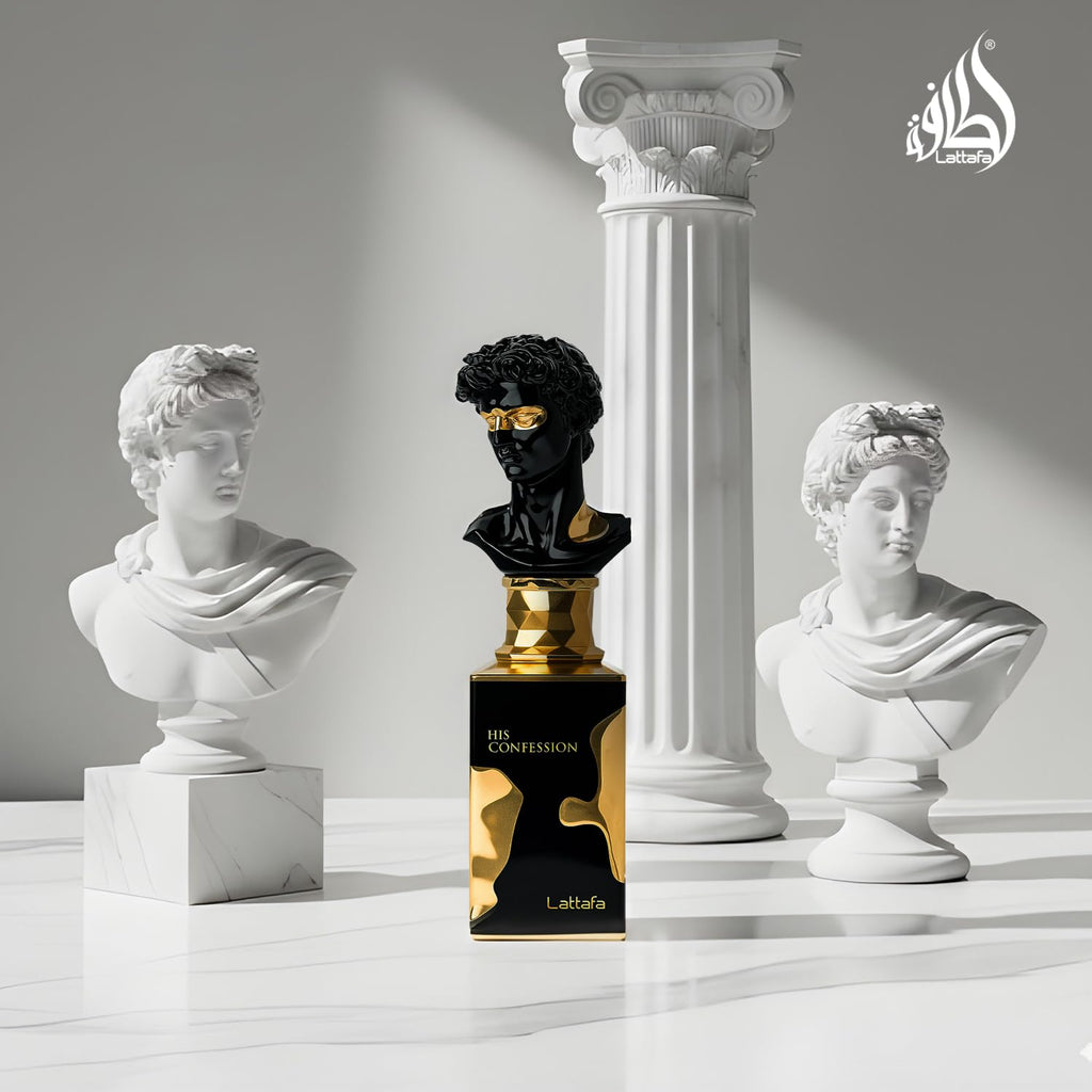 Hub Wavy Lattafa His Confession perfume bottle, 100ml, featuring a sleek woody fresh scent for men, long-lasting and luxurious.