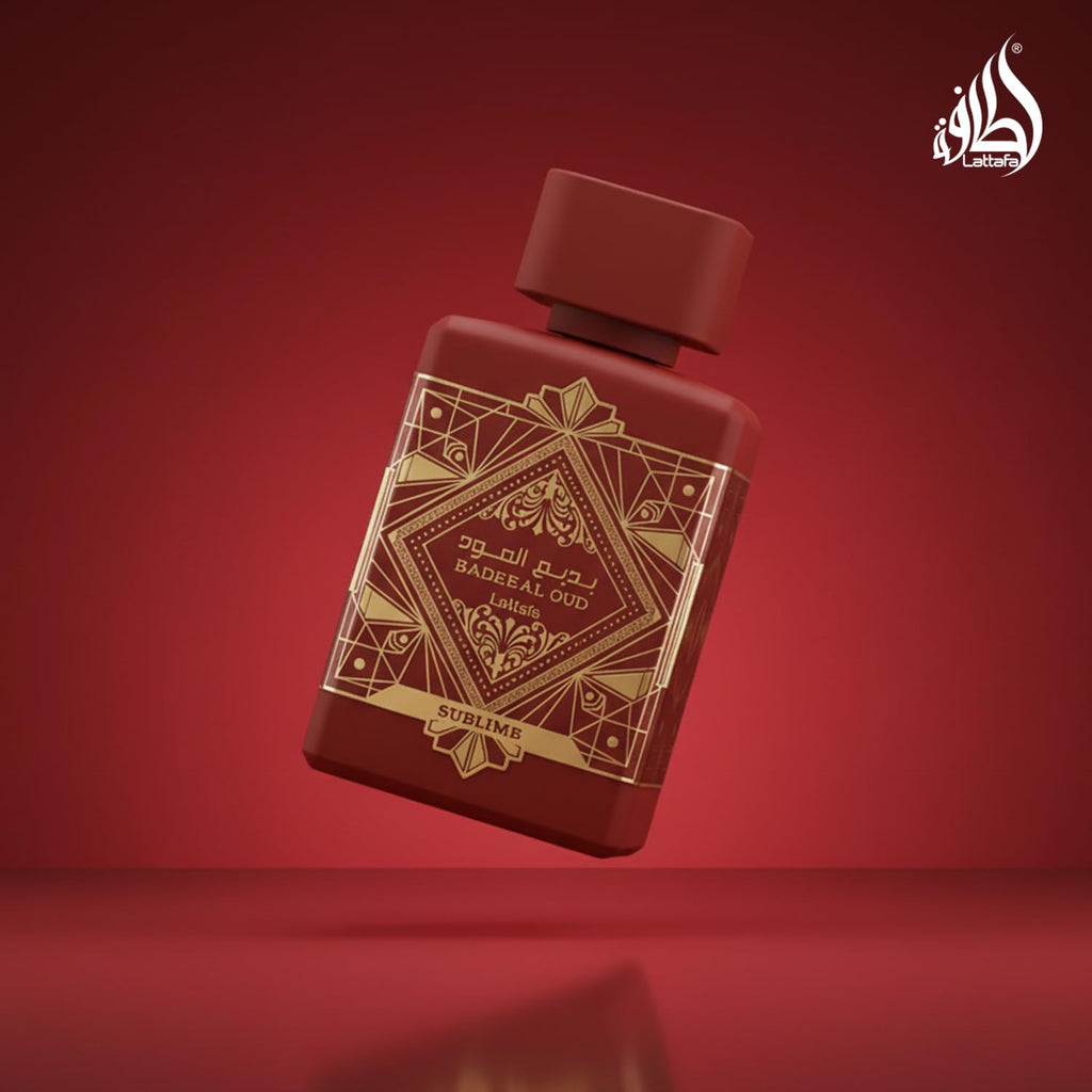 Hub Wavy Lattafa Bade'e Al Oud Sublime unisex perfume bottle, 3.4 oz, with elegant packaging and luxurious fragrance display.