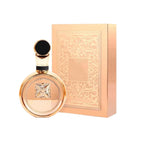 Hub Wavy Lattafa Fakhar Gold Extrait perfume bottle, luxury unisex fragrance with gold accents, 3.4 fl oz (100 ml).