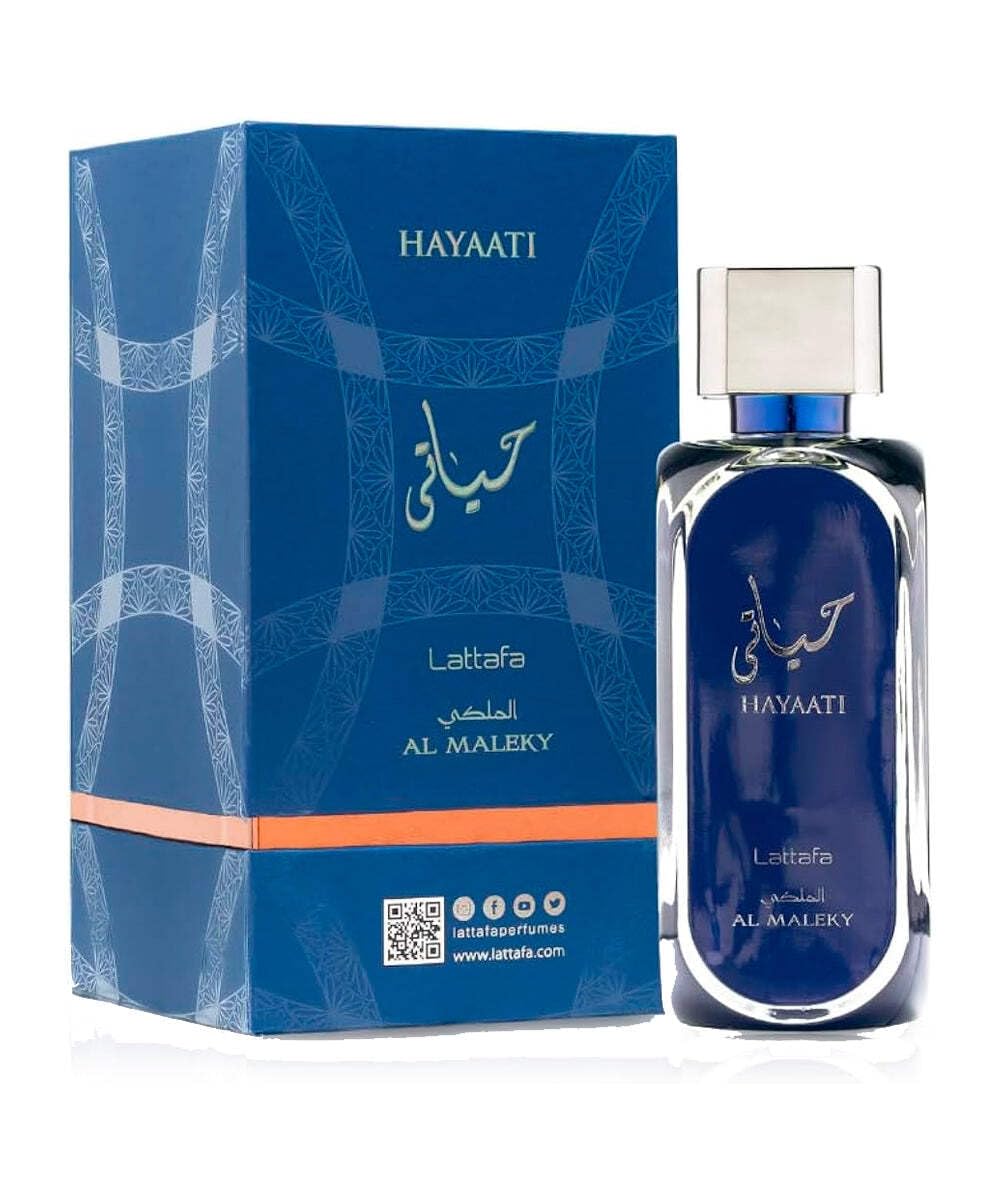 Hub Wavy Lattafa Hayaati Al Maleky men's perfume bottle, 3.4 oz, featuring luxurious scent and elegant packaging.