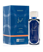 Hub Wavy Lattafa Hayaati Al Maleky men's perfume bottle, 3.4 oz, featuring luxurious scent and elegant packaging.