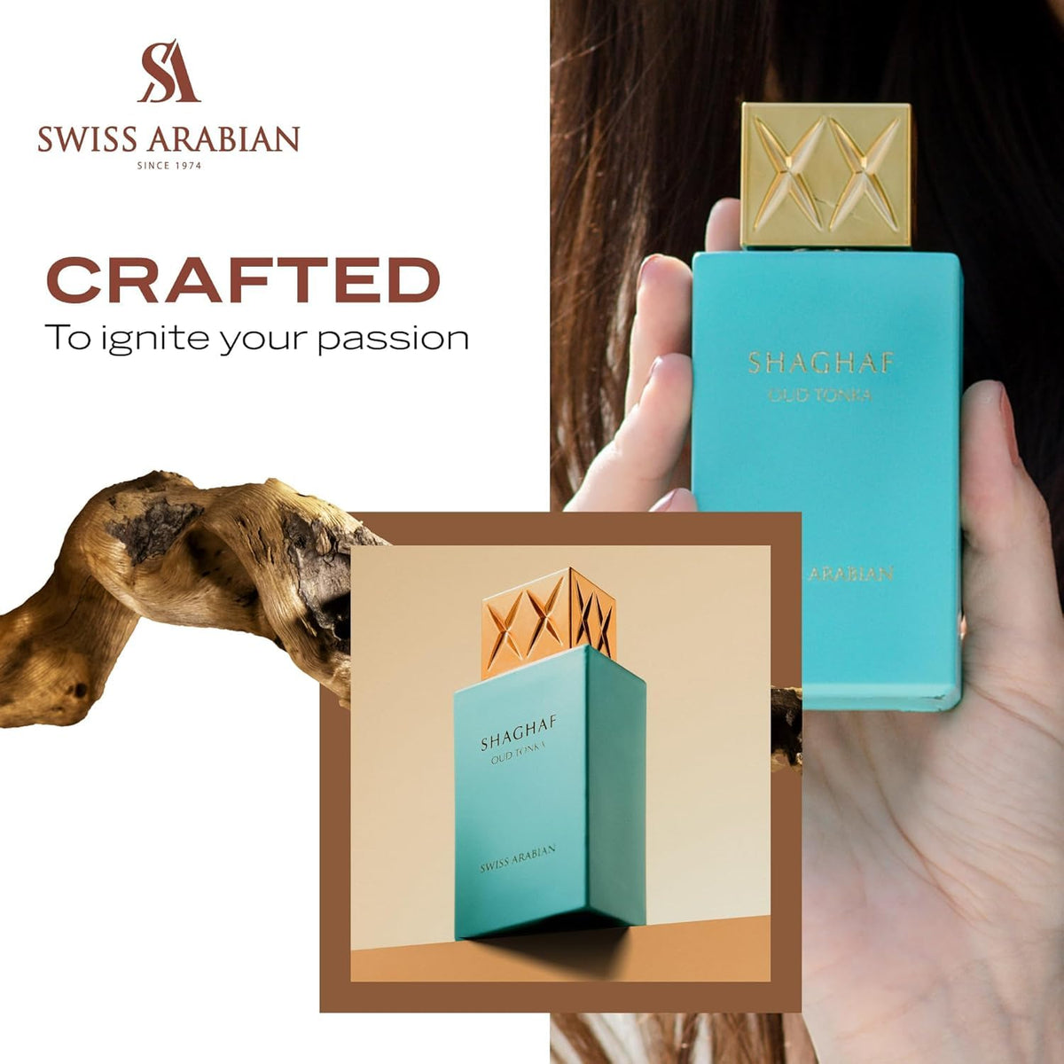 Hub Wavy Swiss Arabian Shaghaf Oud Tonka perfume bottle with elegant design, showcasing the 75ml unisex fragrance.