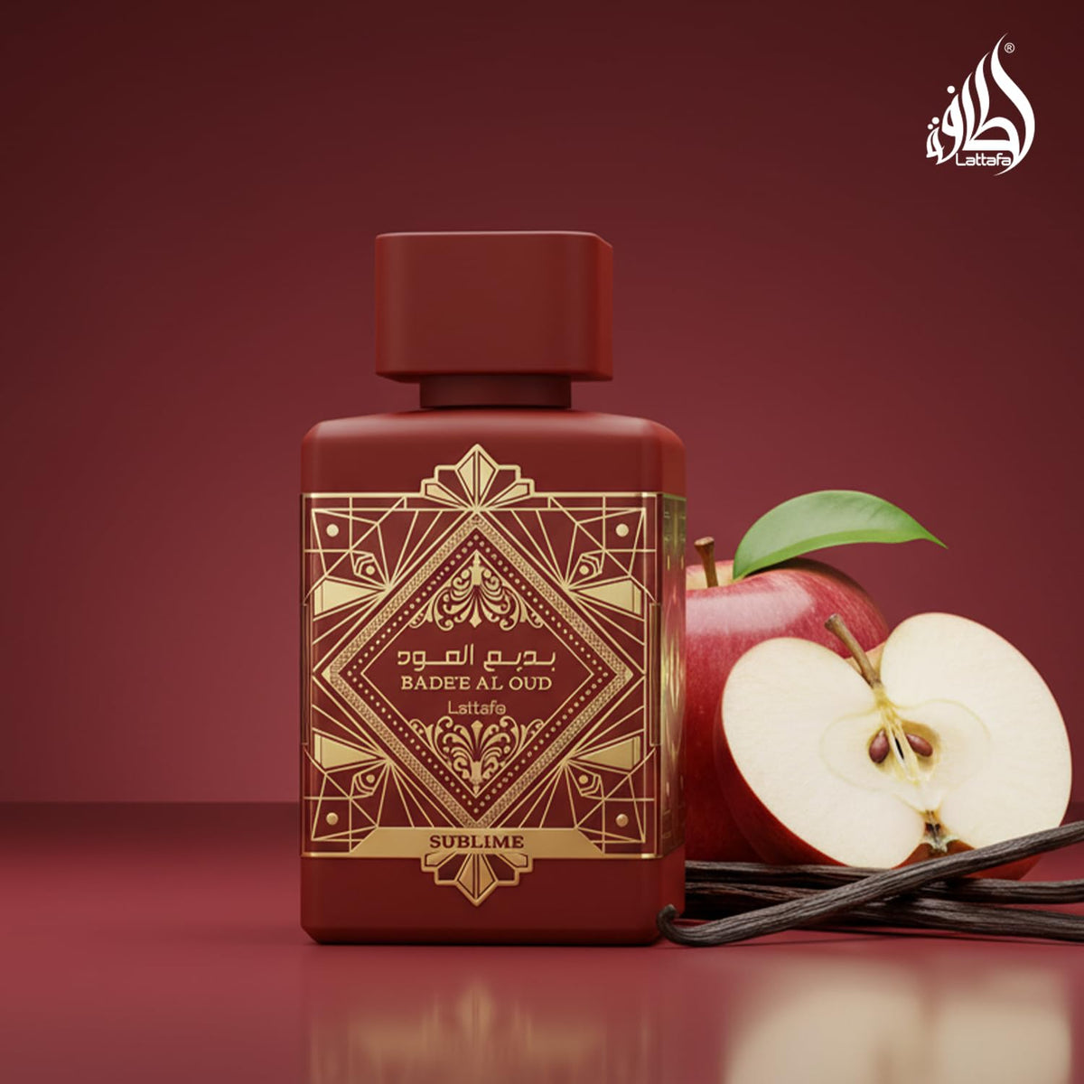 Hub Wavy Lattafa Bade'e Al Oud Sublime perfume bottle, 100ml, luxury unisex fragrance with elegant design and gold accents.