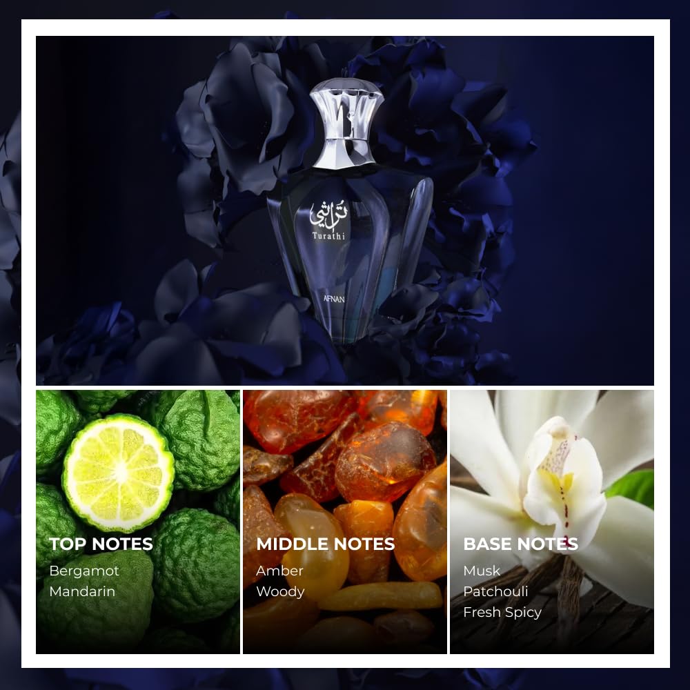 Afnan Turathi Blue luxury men's perfume bottle with blue liquid, showcasing a long-lasting woody fresh scent from Hub Wavy.