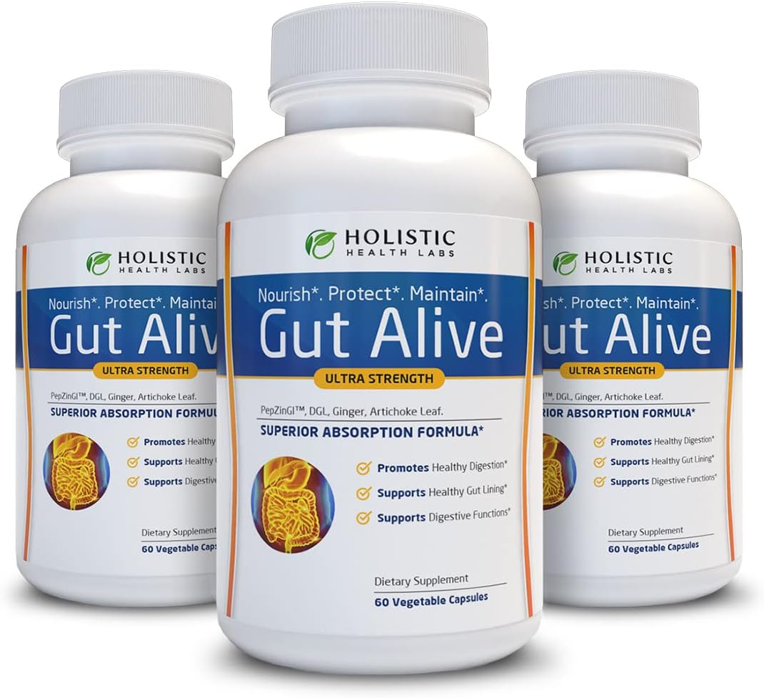 Holistic Health Labs Gut Alive - All Natural Support to Fight IBS, Heartburn, Acid Indigestion, Acid Reflux, Bloating & Gas. Unique Formulation (60 Count (Pack of 2))