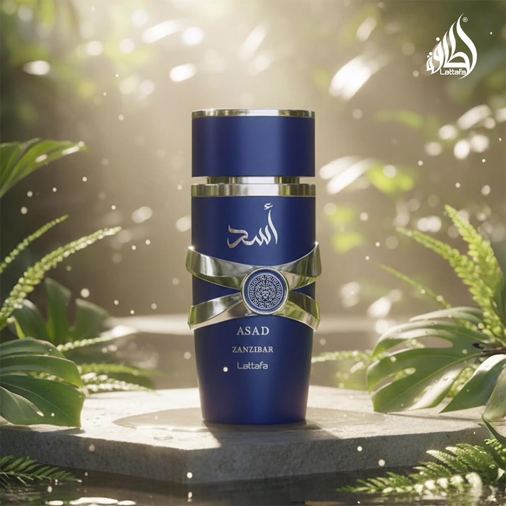 Lattafa Asad Zanzibar unisex perfume by Hub Wavy, 3.4 oz bottle, elegant fragrance with floral and woody notes.