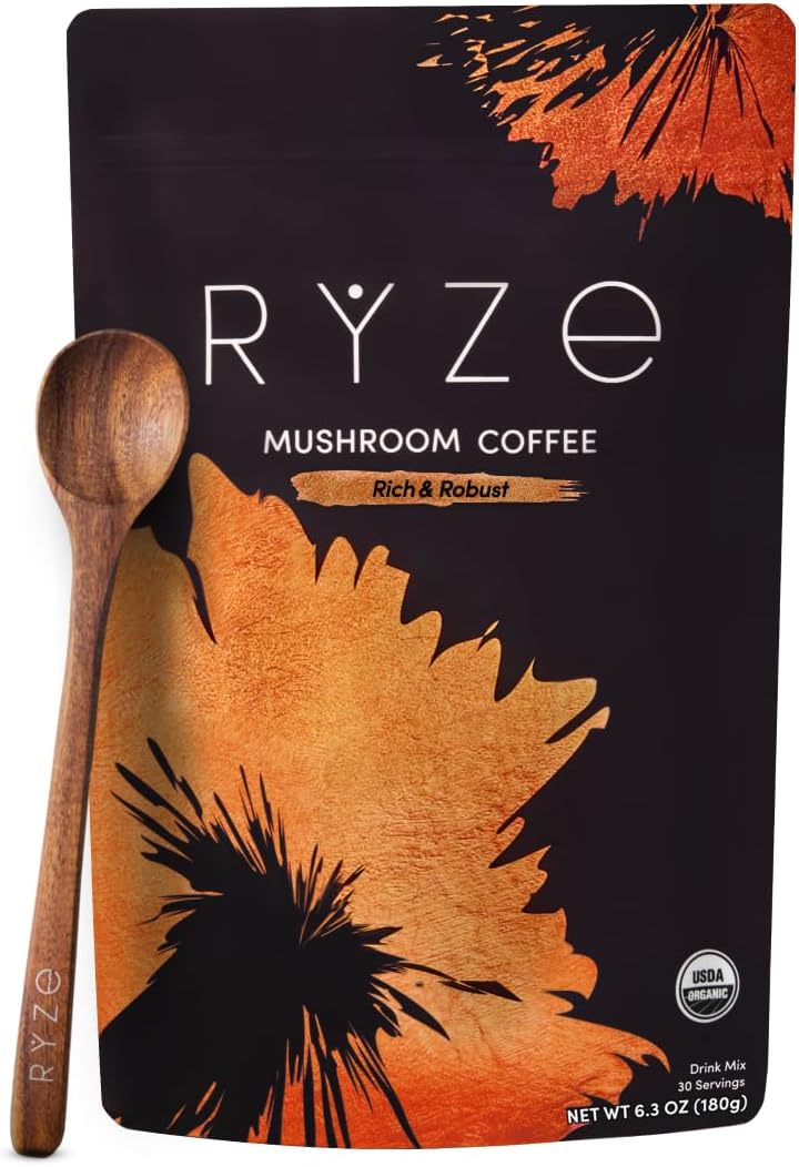 RYZE Organic Mushroom Coffee, Medium Roast, Adaptogenic Blend, 30 Servings