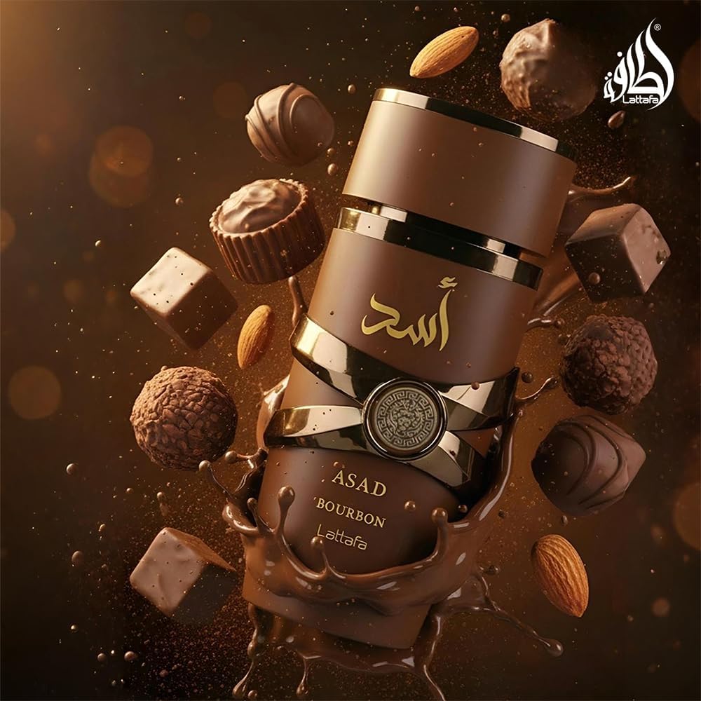 Lattafa Asad Bourbon perfume bottle by Hub Wavy, unisex fragrance in a sleek 3.4 oz glass bottle with elegant design.