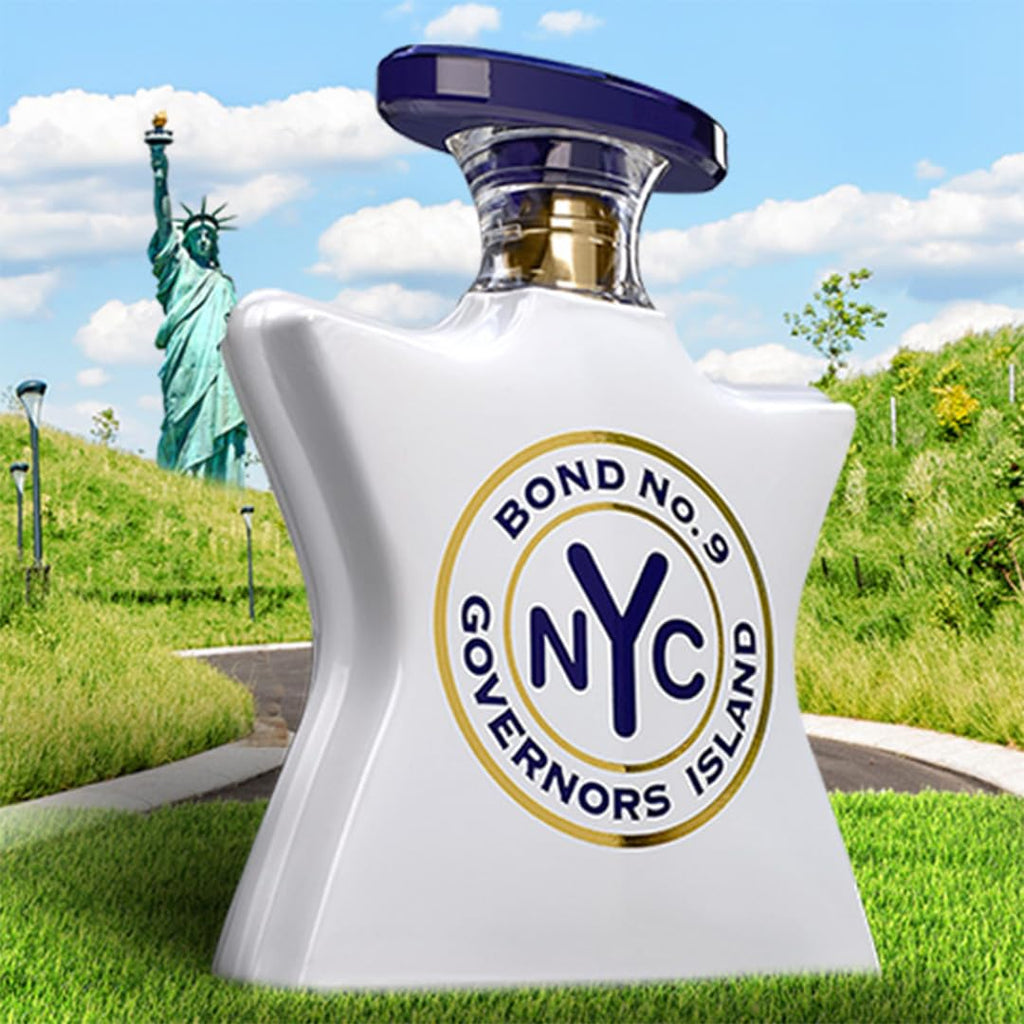 Hub Wavy Bond No. 9 New York Governor's Island luxury unisex perfume bottle, 3.4 fl oz, with elegant packaging and floral design