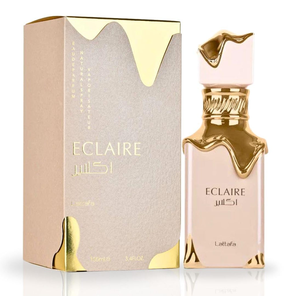 Lattafa Eclaire women’s perfume by Hub Wavy, 3.4 oz bottle, elegant luxury fragrance for women, displayed with perfume cap and packaging.