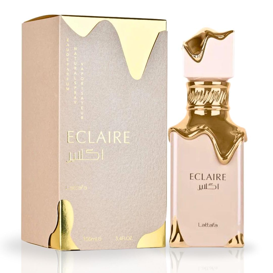 Lattafa Eclaire women’s perfume by Hub Wavy, 3.4 oz bottle, elegant luxury fragrance for women, displayed with perfume cap and packaging.