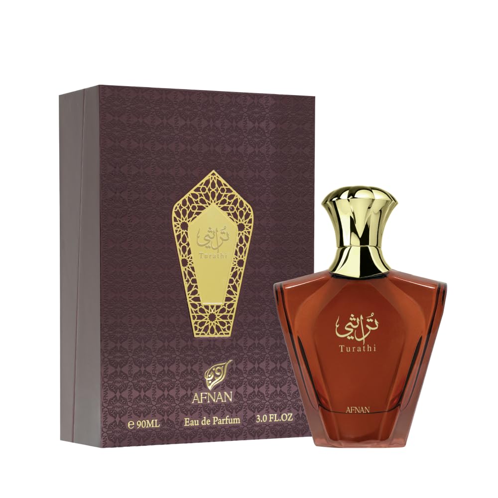 Afnan Turathi Brown luxury men's perfume bottle by Hub Wavy, 3.04 fl oz (90 ml), showcasing elegant packaging and branding.
