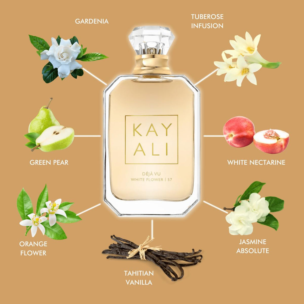 Hub Wavy Kayali Huda Beauty Deja Vu White Flower perfume bottle, long-lasting woody floral fragrance for women, 3.4 oz.