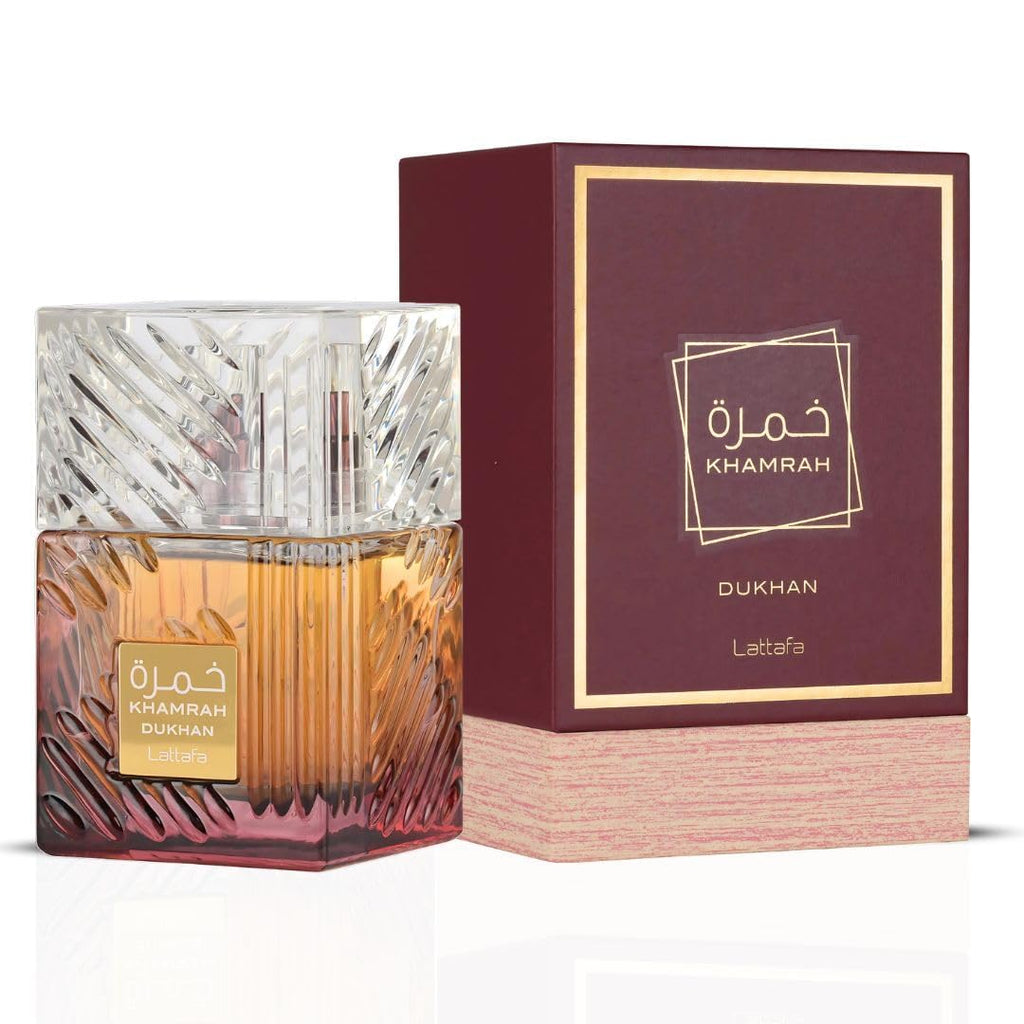 Lattafa KHAMRAH DUKHAN unisex perfume by Hub Wavy, 3.4 oz bottle with elegant fragrance and stylish packaging.