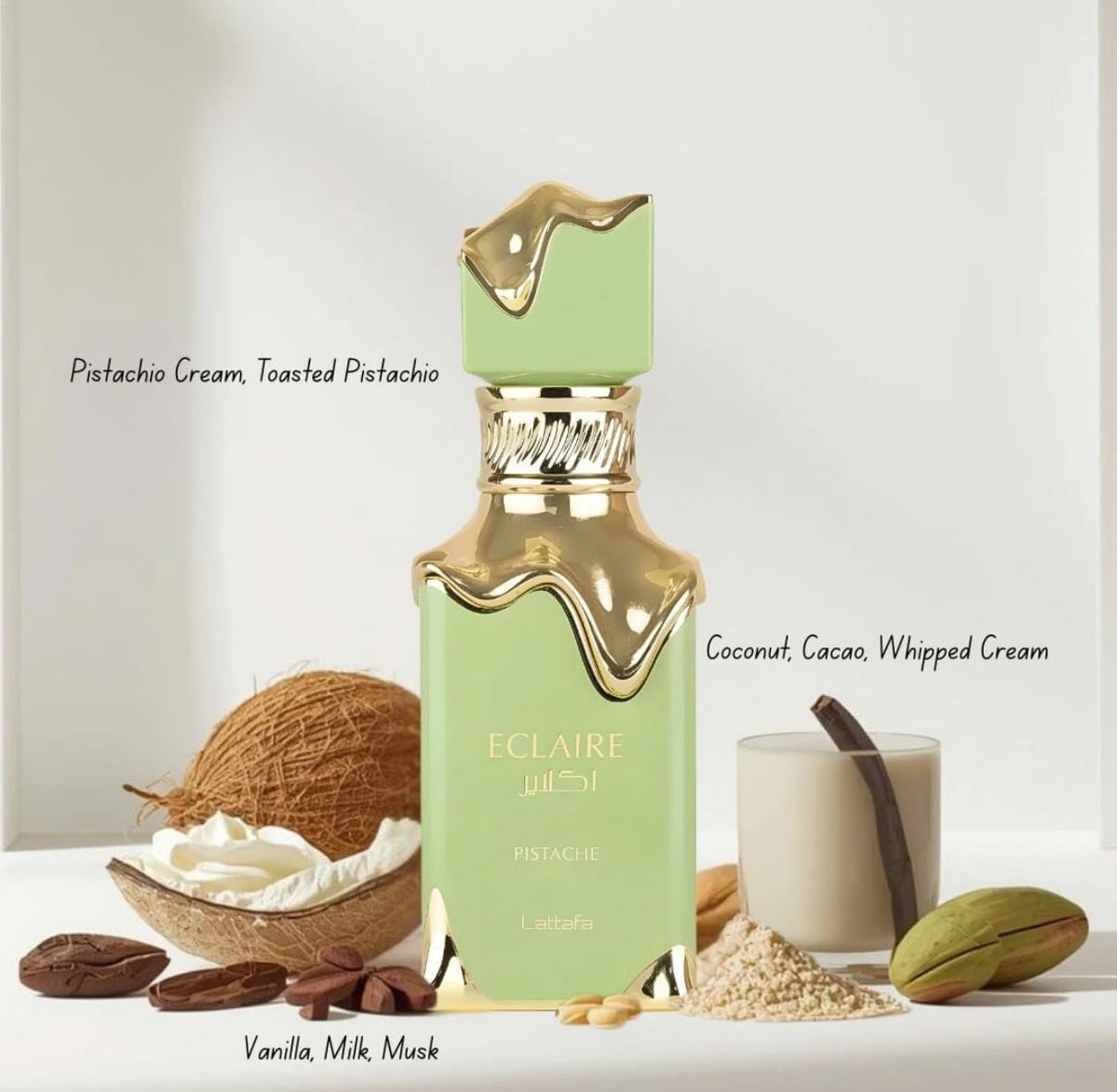 Hub Wavy Lattafa Eclaire Pistache perfume bottle, 3.4 oz, with a sleek design, representing a luxury bold and long-lasting women's fragrance.