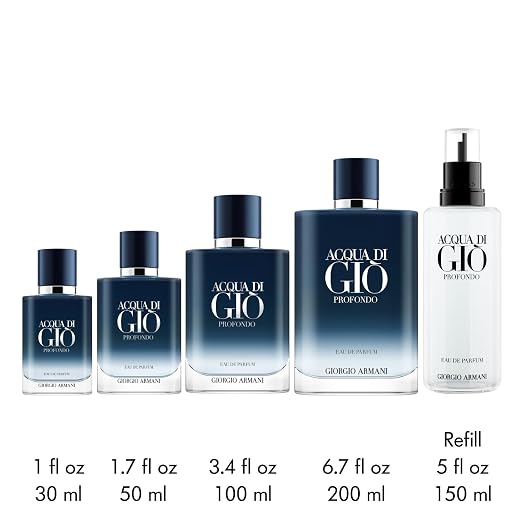 Giorgio Armani Acqua di Giò Profondo men's perfume bottle, 3.4 oz, elegant glass design with navy blue liquid.