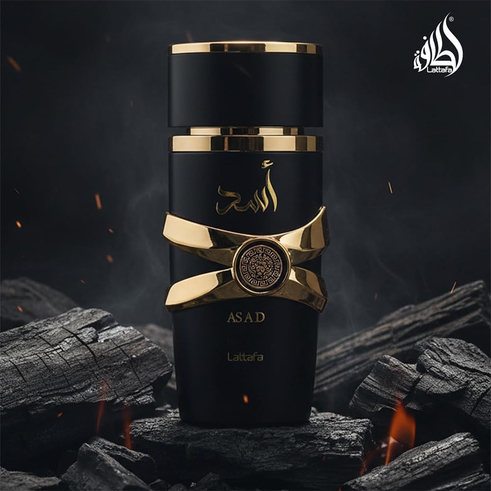 Lattafa Asad unisex perfume by Hub Wavy, 100 ml bottle, elegant packaging with a sleek, modern design.