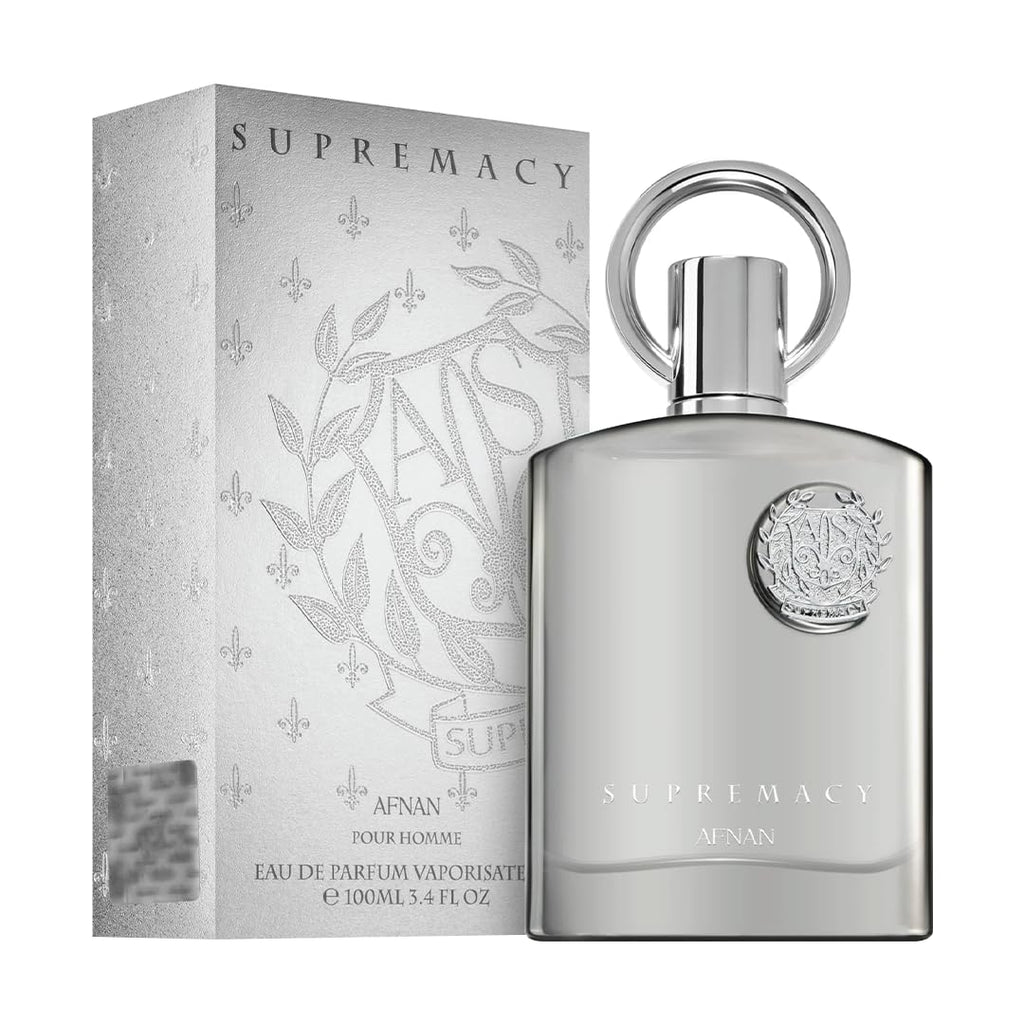 Afnan Supremacy Pour Homme luxury men's perfume bottle by Hub Wavy, 3.4 fl oz (100 ml), elegant design with gold accents.