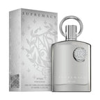 Afnan Supremacy Pour Homme luxury men's perfume bottle by Hub Wavy, 3.4 fl oz (100 ml), elegant design with gold accents.