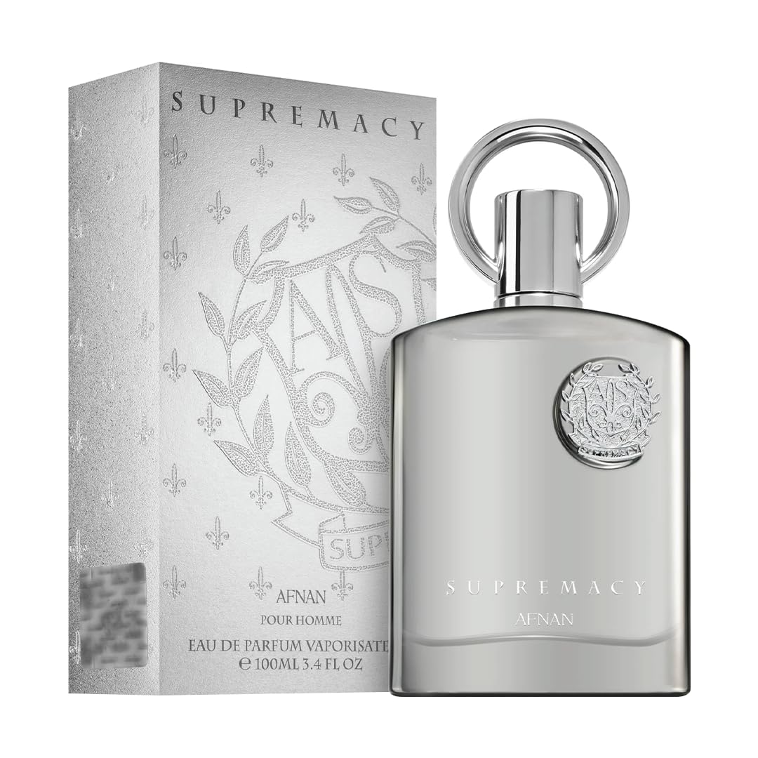 Afnan Supremacy Pour Homme luxury men's perfume bottle by Hub Wavy, 3.4 fl oz (100 ml), elegant design with gold accents.