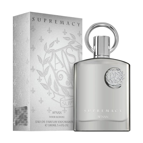 Afnan Supremacy Pour Homme luxury men's perfume bottle by Hub Wavy, 3.4 fl oz (100 ml), elegant design with gold accents.