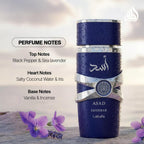 Hub Wavy Lattafa ASAD Zanzibar unisex perfume bottle, 3.4 oz / 100 ml, with elegant packaging and fragrance details visible.