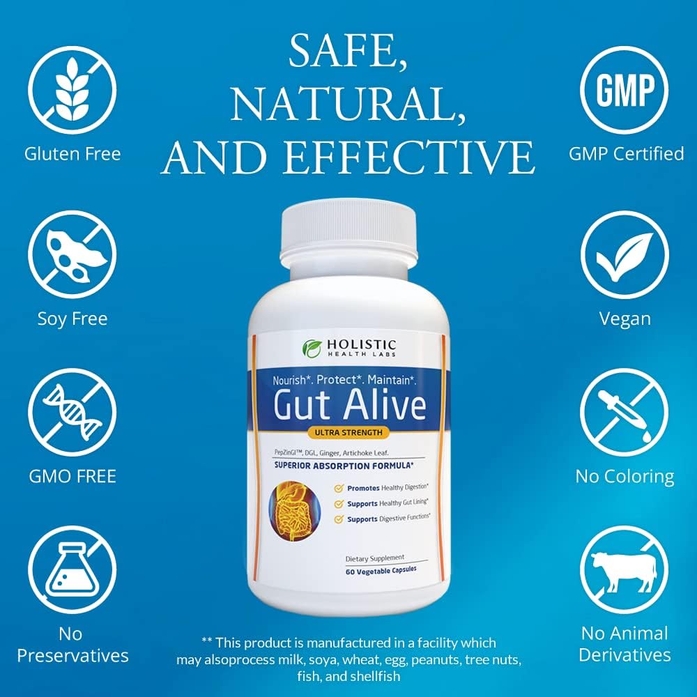 Holistic Health Labs Gut Alive - All Natural Support to Fight IBS, Heartburn, Acid Indigestion, Acid Reflux, Bloating & Gas. Unique Formulation (60 Count (Pack of 2))