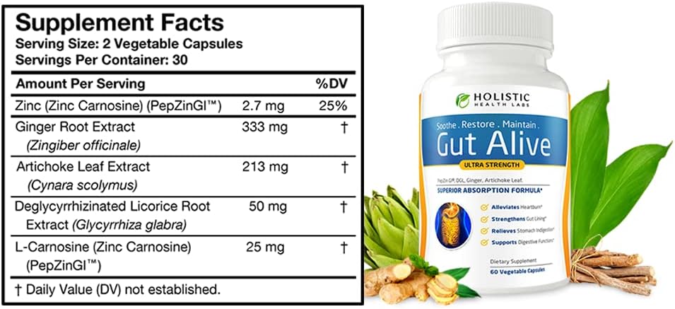 Holistic Health Labs Gut Alive - All Natural Support to Fight IBS, Heartburn, Acid Indigestion, Acid Reflux, Bloating & Gas. Unique Formulation (60 Count (Pack of 2))