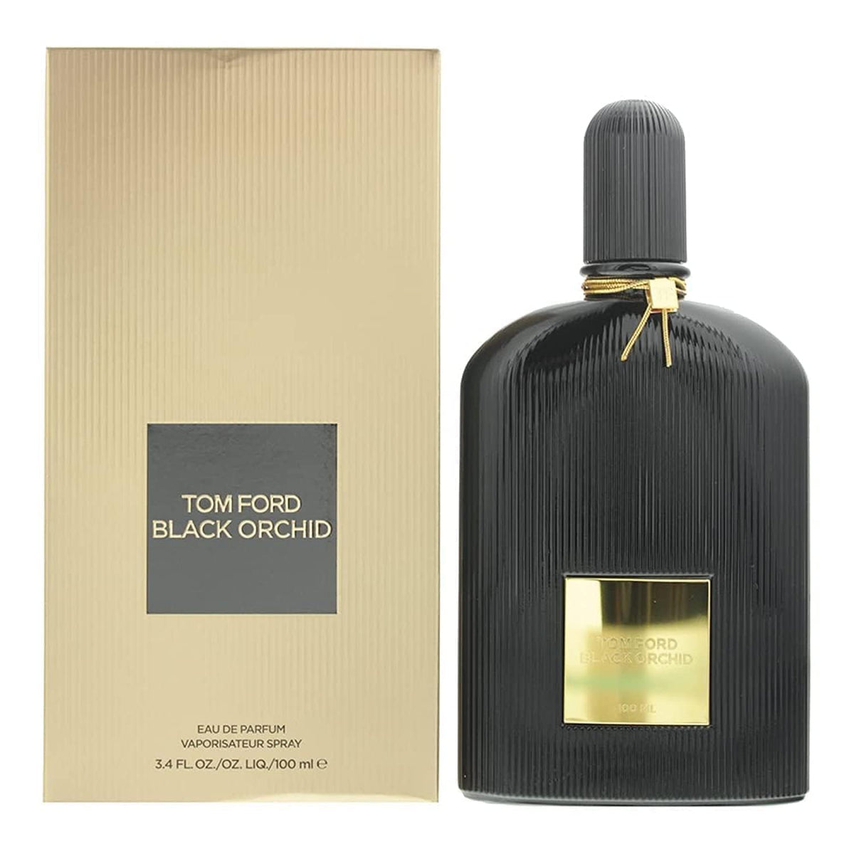 Tom Ford Black Orchid women's perfume bottle, 3.4 oz / 100 ml, elegant black floral design with gold accents.