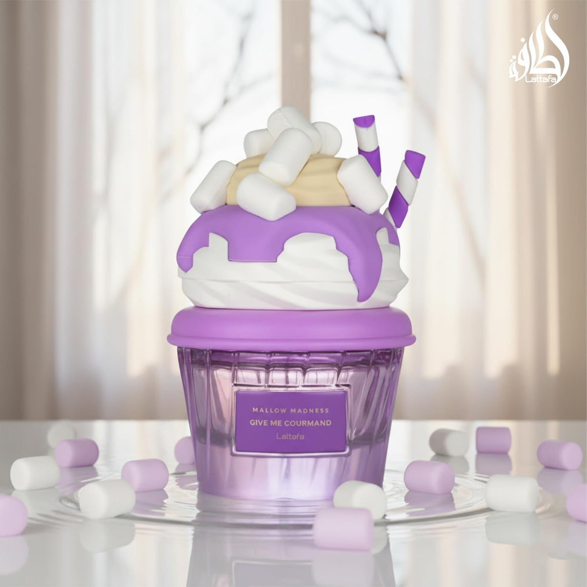 Hub Wavy Lattafa Mallow Madness perfume bottle, 2.6 oz unisex fragrance with elegant design and floral scent.