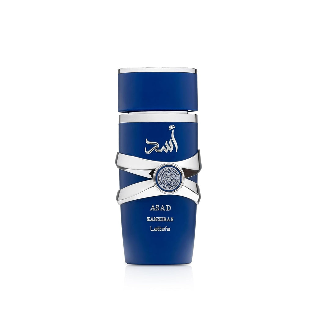 Hub Wavy Lattafa ASAD ZANZIBAR perfume bottle, 3.4 oz unisex scent, with elegant packaging and a sleek design.