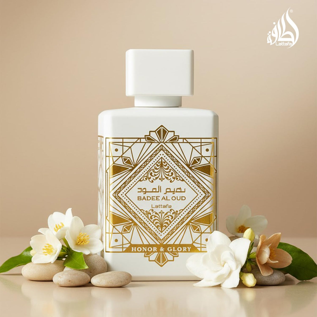 Hub Wavy Lattafa Bade'e Al Oud Honer & Glory perfume bottle, luxury unisex fragrance with elegant packaging and gold accents.