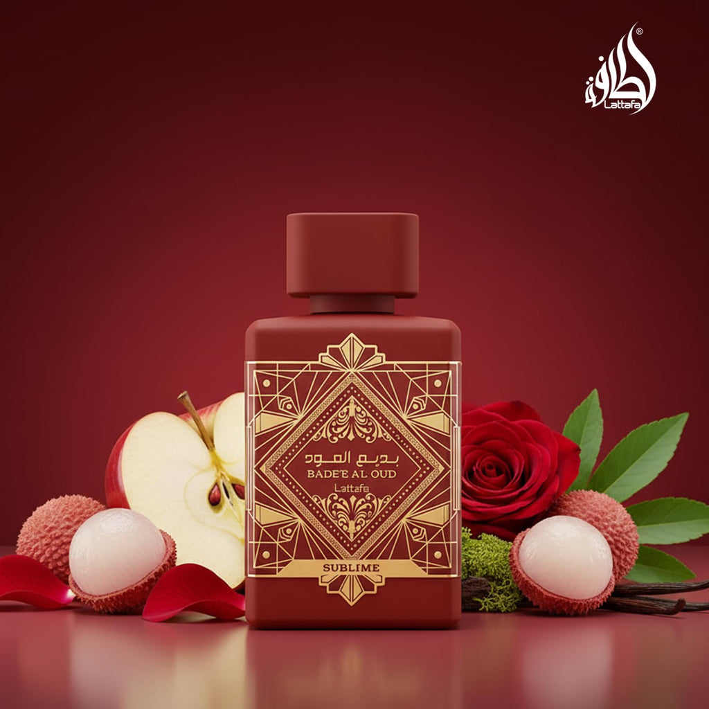 Hub Wavy Lattafa Bade'e Al Oud Sublime perfume bottle, 100ml luxury unisex fragrance with elegant design.
