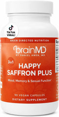 BrainMD Dr Amen Happy Saffron Plus - 90 Capsules - with Saffron Flower Extract, Curcumin & Zinc - Vegan, Gluten Free - 30 Servings