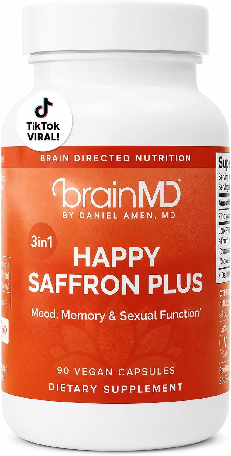 BrainMD Dr Amen Happy Saffron Plus - 90 Capsules - with Saffron Flower Extract, Curcumin & Zinc - Vegan, Gluten Free - 30 Servings