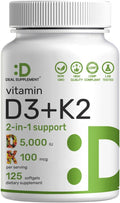 DEAL SUPPLEMENT Vitamin D3 5,000 IU + K2 MK7 Softgels, 250 Count | 2-in-1 Complex | Easy to Swallow