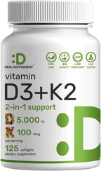 DEAL SUPPLEMENT Vitamin D3 5,000 IU + K2 MK7 Softgels, 250 Count | 2-in-1 Complex | Easy to Swallow