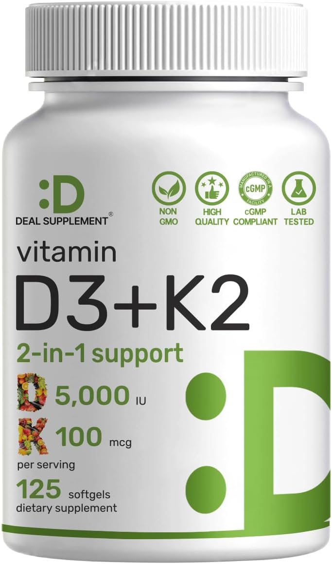 DEAL SUPPLEMENT Vitamin D3 5,000 IU + K2 MK7 Softgels, 250 Count | 2-in-1 Complex | Easy to Swallow