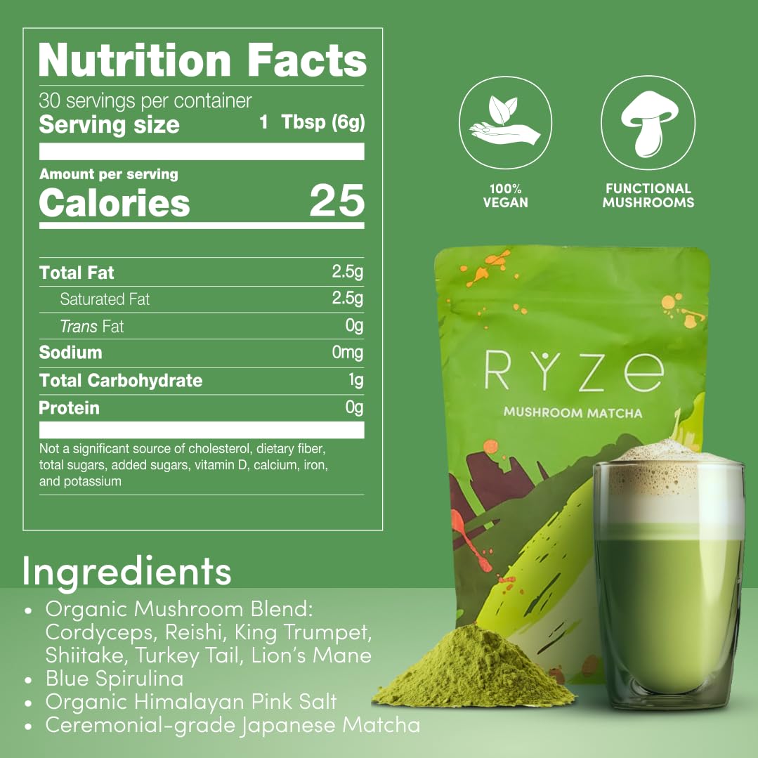 RYZE Organic Mushroom Matcha with 6 Adaptogenic Mushrooms, 30 Servings