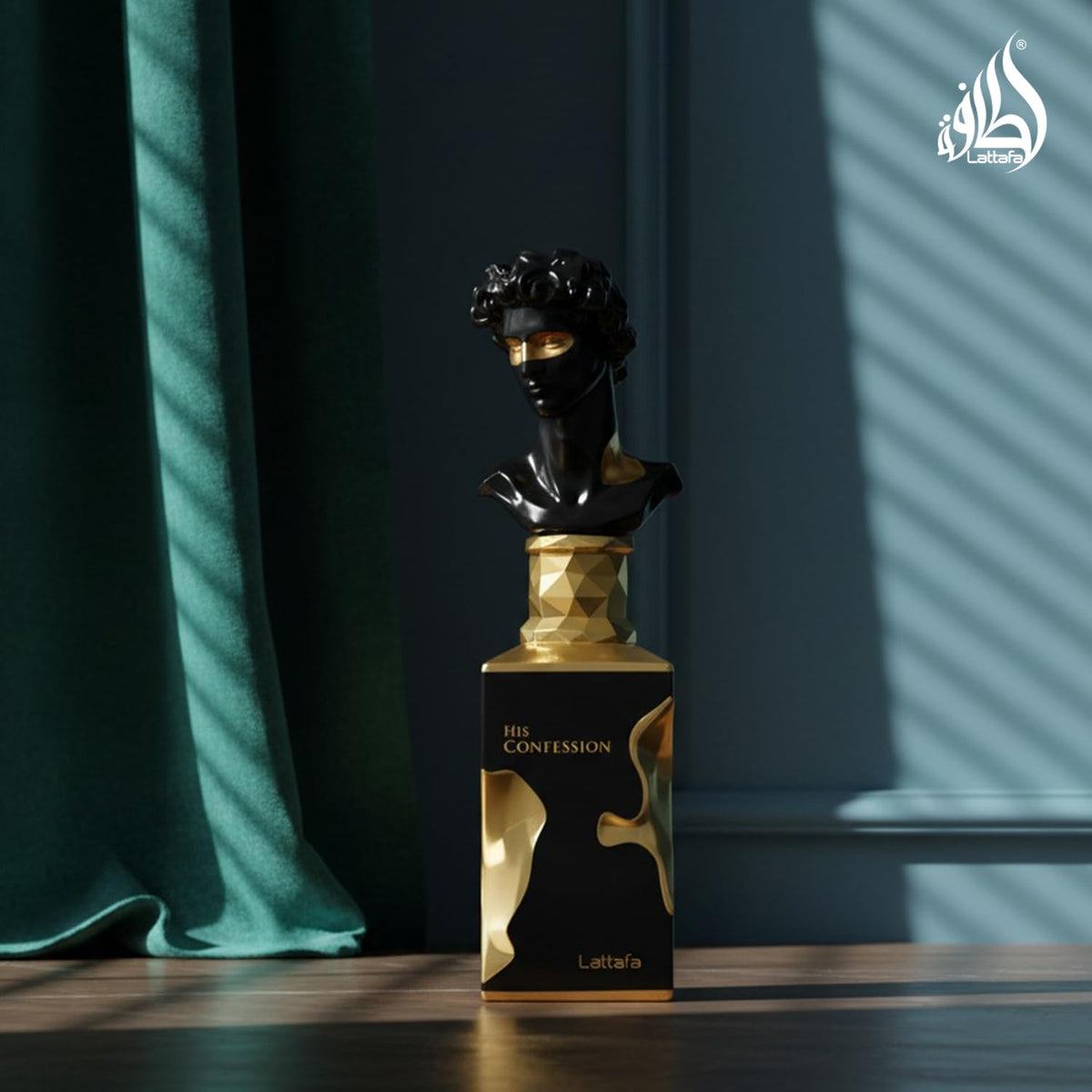 Hub Wavy Lattafa His Confession perfume bottle, 100ml, showcasing sleek packaging of a long-lasting woody fresh men's fragrance.