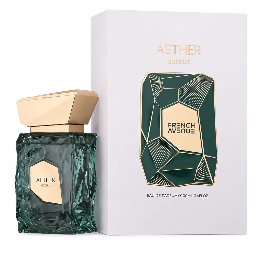 Hub Wavy French Avenue Aether perfume bottle, 3.4 oz, unisex fragrance with elegant glass design and minimalist label.