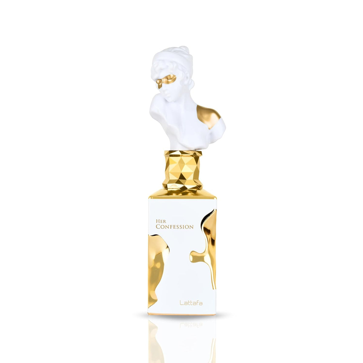 Lattafa Her Confession perfume for women by Hub Wavy, 3.4 oz bottle, elegant fragrance bottle with floral accents.